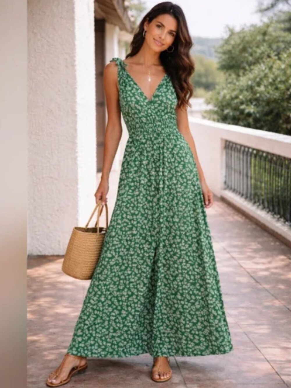 Cupshe Green Floral Sleeveless V-Neck Maxi Dress